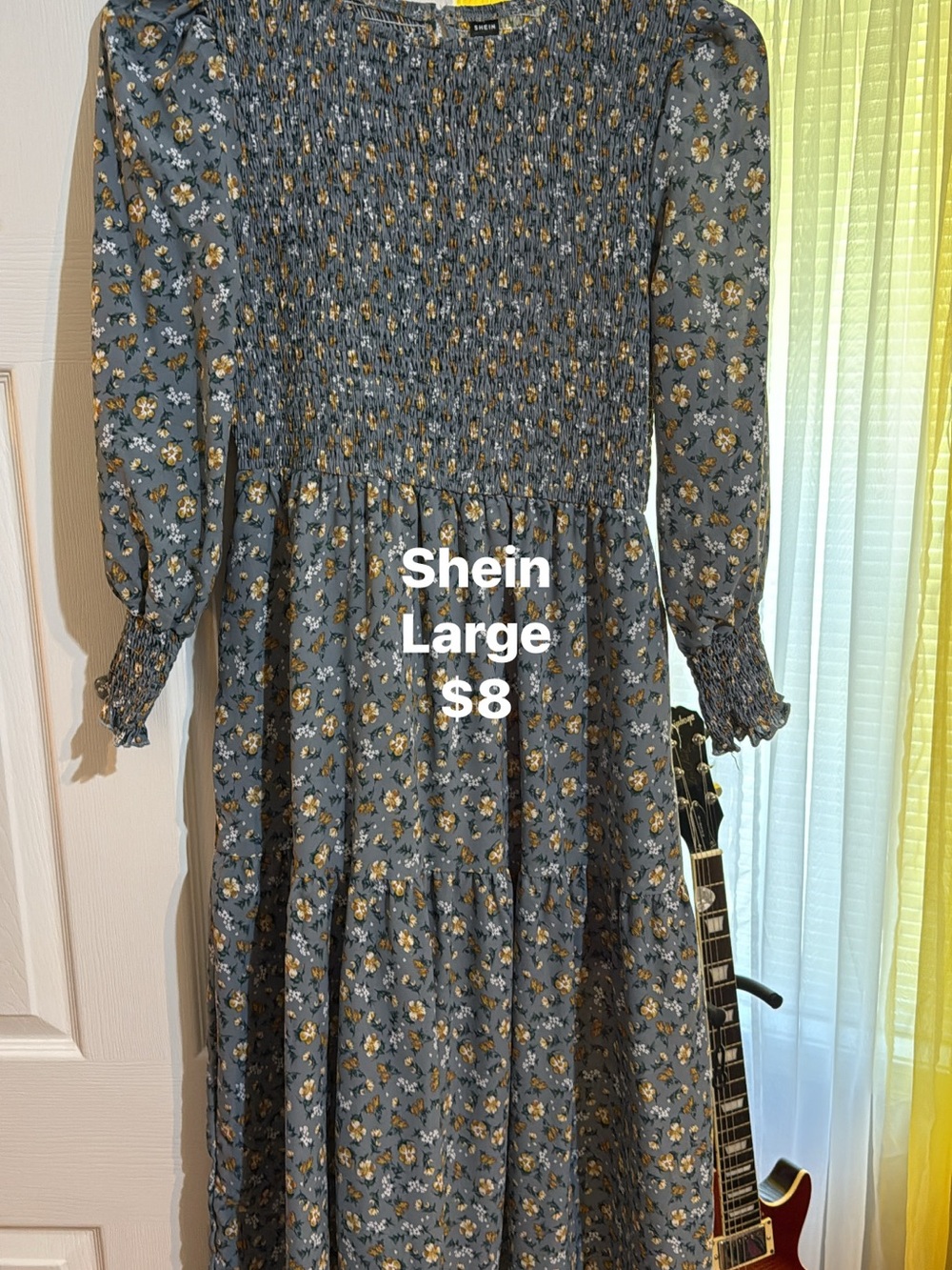 SHEIN Dusty Blue Floral Smocked Midi Dress